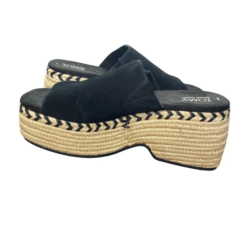 TOMS Black Suede Espadrille Platform Slide Sandals Women US 8 Chevron‎ Trim
